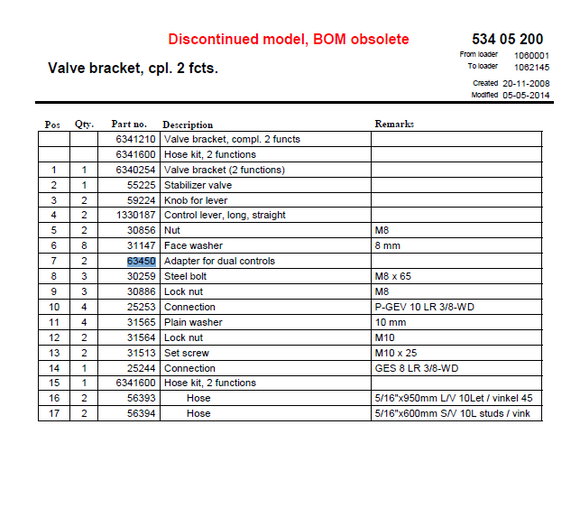 A parts list for the discontinued HMF Control Link Adapter for Dual Controls - 63450, showing item positions, quantities, part numbers, descriptions, and remarks. The BOM header is marked obsolete in red text.