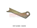 The HMF Extension Boom Stop - 6340319 is a metallic, angled lever with a hole and notch, used to maintain road legal width. Displayed on a white background with the text: PART NUMBER: 6340319.