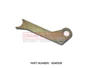 The HMF Extension Boom Stop - 6340319 is a metallic, angled lever with a hole and notch, used to maintain road legal width. Displayed on a white background with the text: PART NUMBER: 6340319.