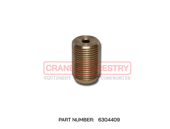 The HMF Extension Boom Side Guide - 6304409 is a cylindrical, metallic threaded plug with a central hole for alignment, shown on a white background. "PART NUMBER: 6304409" appears below. The image watermark reads: CRANES FORESTRY.
