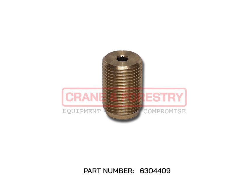 The HMF Extension Boom Side Guide - 6304409 is a cylindrical, metallic threaded plug with a central hole for alignment, shown on a white background. "PART NUMBER: 6304409" appears below. The image watermark reads: CRANES FORESTRY.