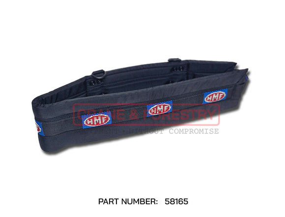 The HMF Scanreco Remote Control Waist Belt - 58165 is a black padded belt featuring three red, white, and blue HMF crane remote logos evenly spaced along its length. The part number 58165 appears below the belt on a white background.