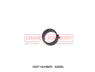 The HMF Bushing - 63565 is a small black metal clamp, commonly used as a bushing or stowing hook component, shown on a white background with the CRANER FORESTRY watermark and part number displayed below.