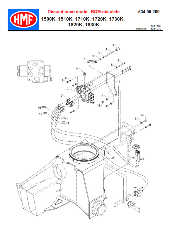 Exploded technical diagram of the HMF Control Link Adapter for Dual Controls - 63450, illustrating numbered parts and assembly for hydraulic components and hoses, with a discontinued model notice at the top.