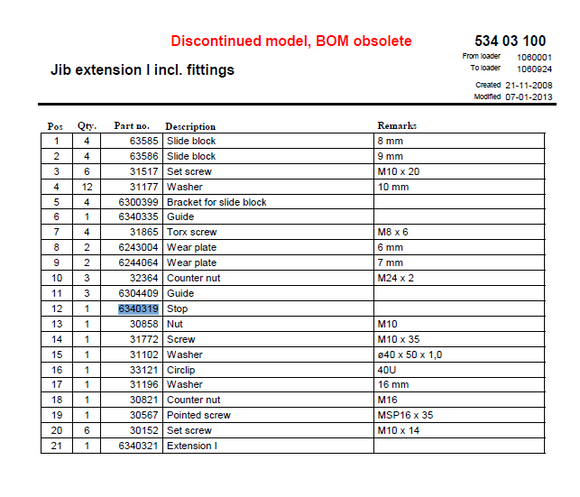 A parts list table for the discontinued HMF Extension Boom Stop - 6340319, showing item numbers, part numbers, quantities, descriptions, remarks, and update dates. Header notes model is discontinued—BOM obsolete. Includes road legal width info.