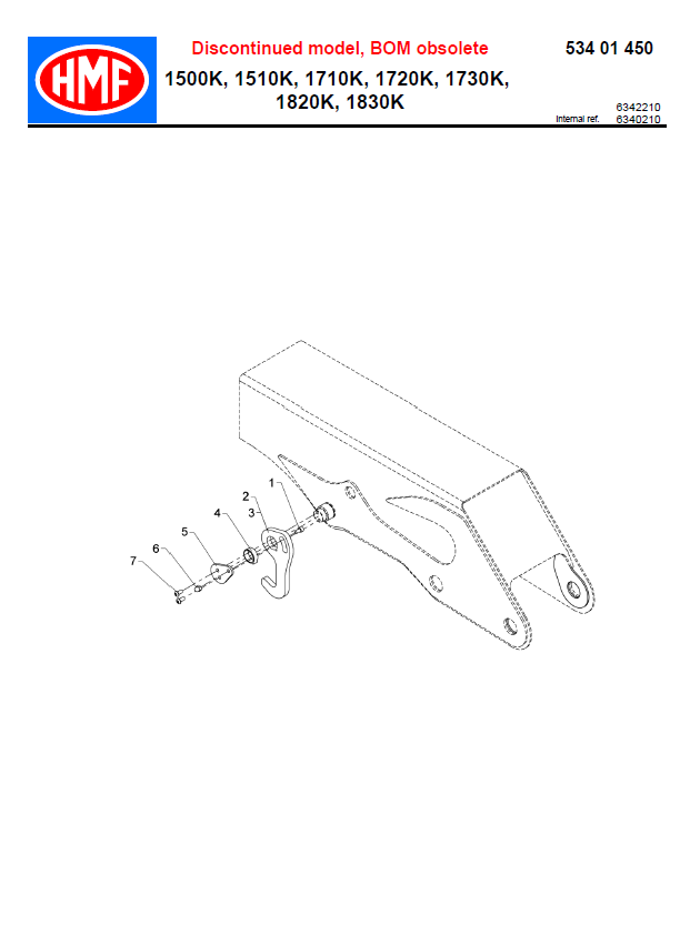Line drawing of HMF Bushing - 63565 assembly with numbered parts, stowing hook, and bushing; labeled discontinued for HMF models 1500K, 1510K, 1710K, 1720K, 1730K, 1820K, and 1830K. Reference: 6340208.