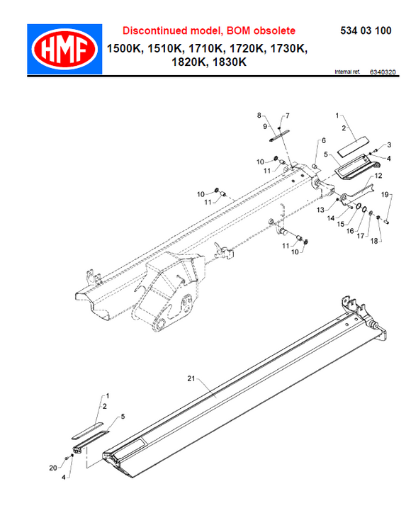 Exploded diagram of HMF Extension Boom Stop - 6340319 with numbered parts and labels. Heading notes discontinued model; BOM obsolete for HMF 1500K–1830K in crane travelling position or road legal width. Logo and reference numbers at top.