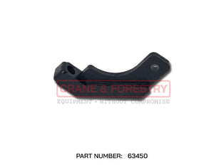 The image shows an HMF Control Link Adapter for Dual Controls - 63450, a black metal part with a curved shape, featuring holes at each end. Text below it reads "CRANE & FORESTRY" and "PART NUMBER: 63450" on a white background.