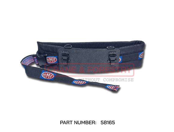 The HMF Scanreco Remote Control Waist Belt - 58165 is a padded black belt with adjustment straps and HMF logos, shown on a white background. Ideal for use as a Scanreco waist strap or remote holder. Part number 58165 is shown below the image.