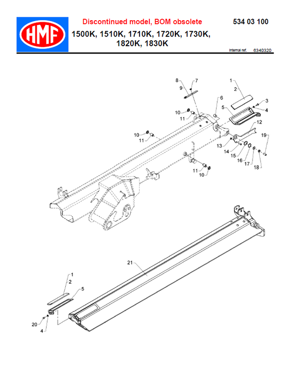 Exploded diagram for HMF Extension Boom Side Guide - 6304409, showing components like metal beam, brackets, screws, bolts, and extension booms. Includes adjustable brass guide for alignment. Note: This model and BOM are discontinued.
