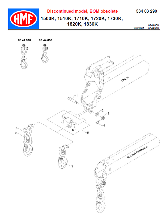 Exploded diagram showing HMF Hook Suspension Link - 6292853/6395541 with load hook, bolts, and extension sections for crane models 1500K–1830K. Labeled items and part numbers; model discontinued, BOM obsolete.
