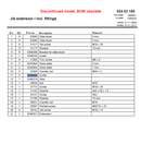 A table lists parts for a discontinued jib extension, including position, quantity, part numbers, descriptions such as HMF Extension Boom Side Guide - 6304409, and remarks. Notes state the model and BOM are obsolete; some rows mention an adjustable brass guide.